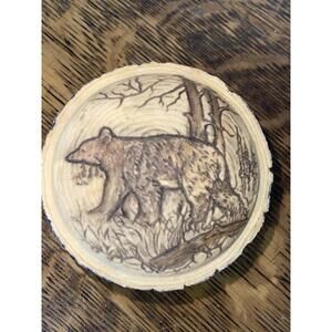 Rustic Faux Wood Grizzly Bear Roaming Woodlands Round Tree Jewelry Box 4.25"D